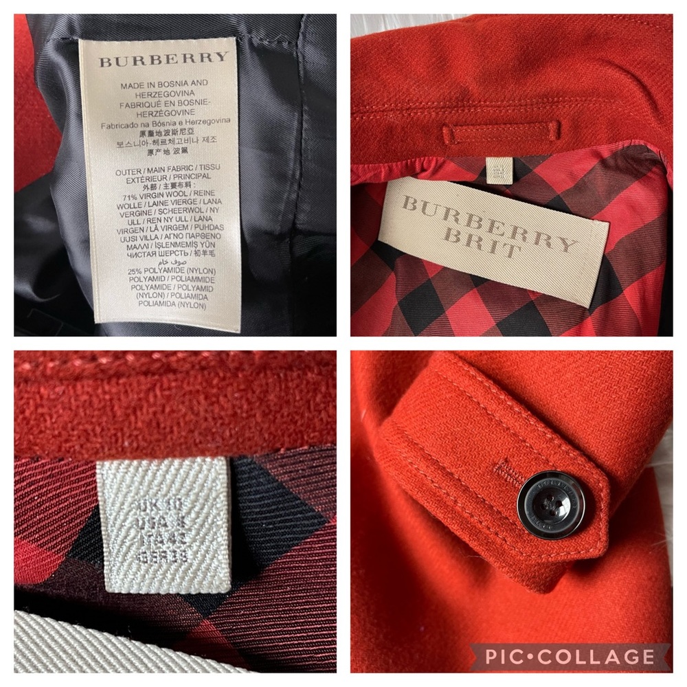 BURBERRY BRIT Red Wool Leather Collar Military Coat US 8 - Picture 12 of 16